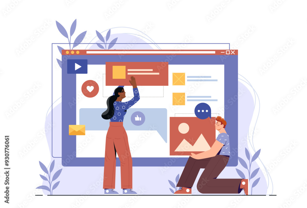 Poster web designers team. man and woman developing design elements for webpage. ui and ux design for progr