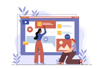 Web designers team. Man and woman developing design elements for webpage. UI and UX design for program or application. Freelancers working on common project. Flat vector illustration