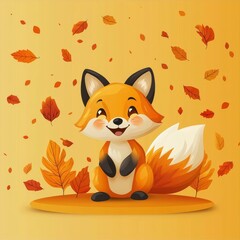 Cute Cartoon Fox in Autumn Leaves