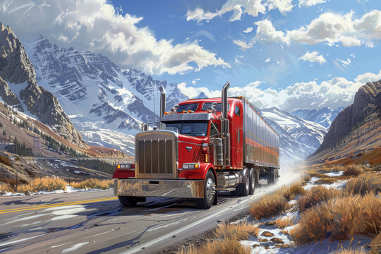 A red semi truck drives along a snow-lined mountain road. American national truck driver appreciation week poster.  