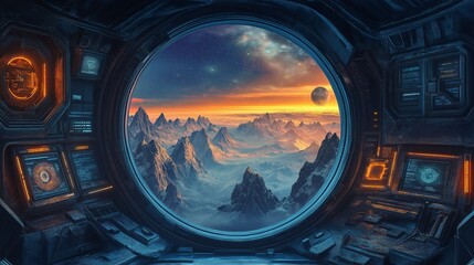 A futuristic spaceship interior overlooking a distant icy planet with rugged mountains.