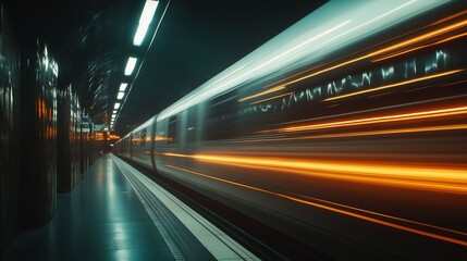 A subway train speeds through a dimly lit underground station, with motion blur..