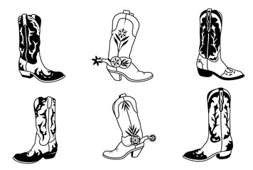 Cowboy boots black and white illustration. Painted cowboy boots. Clipart. Texas state symbol. Symbol of rodeo and wild west.	