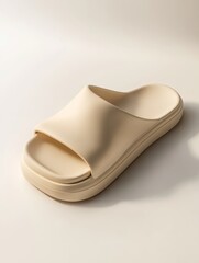 Beige slipper with a thick upper and sole, made from matte plastic material, photographed in a side angle under warm lighting