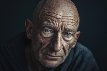 A person with a shaved head and bright blue eyes, suitable for use in portraits or character illustrations