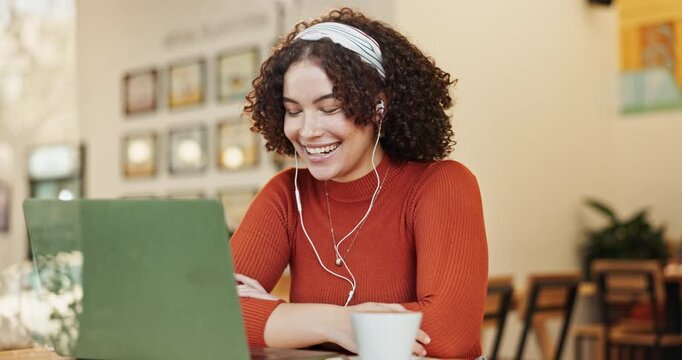 Cafe, online meeting and laptop with woman in virtual seminar with elearning course. Conversation, coffee shop and happy student with digital university webinar with remote work and discussion