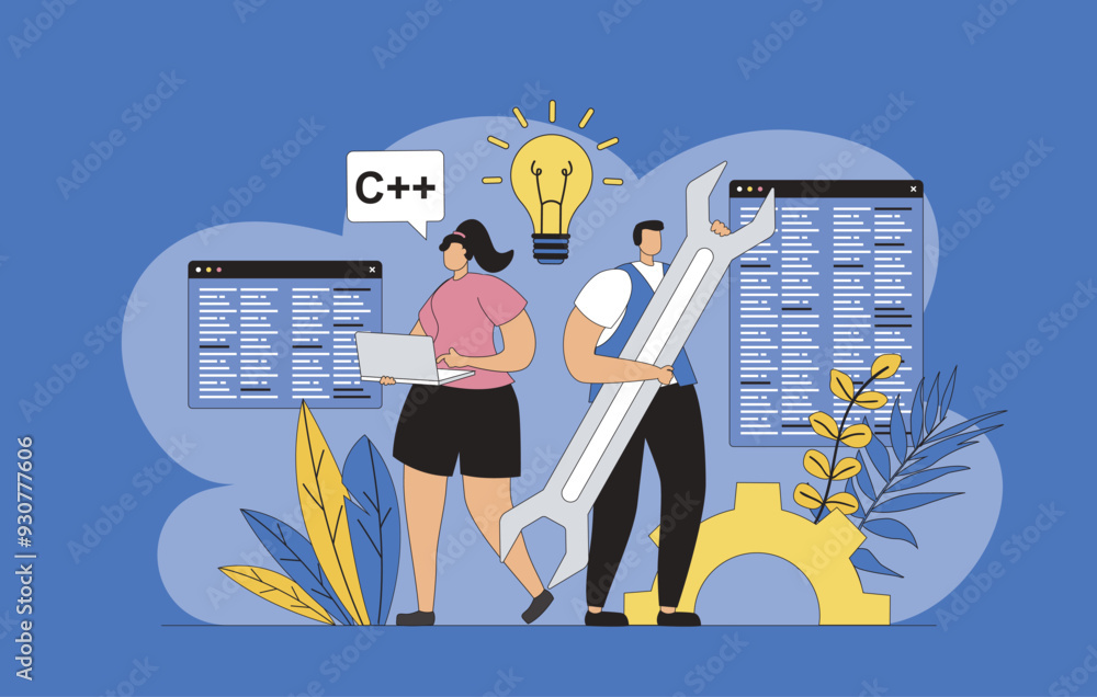 Fototapete developers team concept with modern flat design for web. man and woman developing application site i