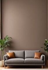 gray sofa in brown living room with copy room