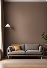 gray sofa in brown living room with copy room