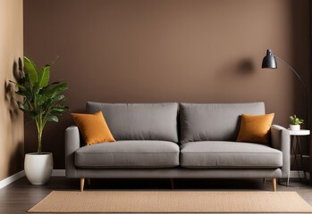 gray sofa in brown living room with copy room