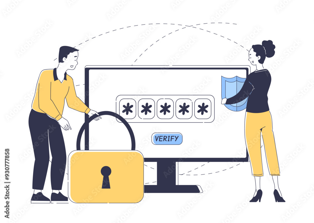 Poster people with authentication code. man and woman near computer screen with password. security and prot
