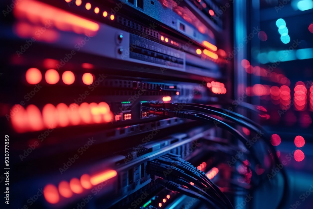Poster a well-organized server rack displays neatly bundled cables, illuminated by red and blue led lights,