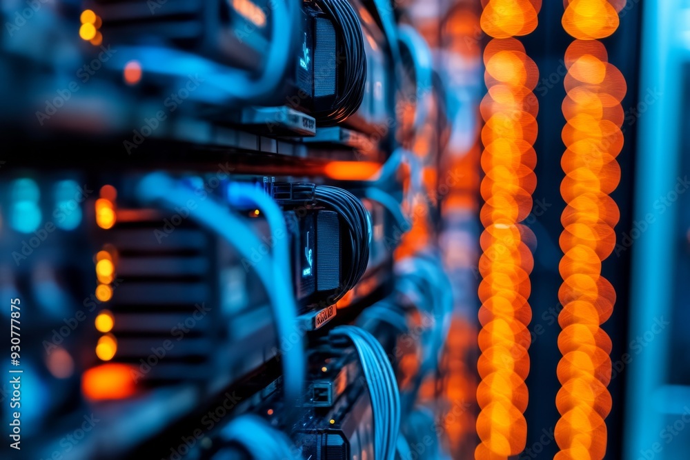 Poster a closeup view of a server rack, featuring neatly bundled and labeled cables that highlight precisio