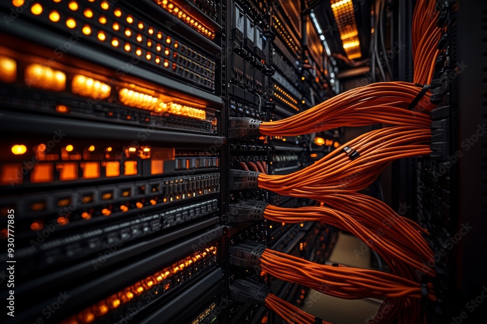 Poster neatly bundled and labeled cables highlight the efficiency of a server rack in a data center designe
