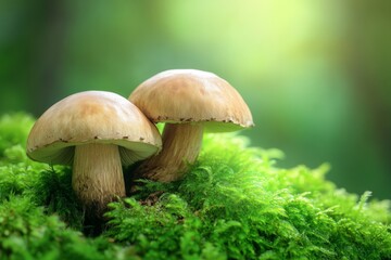 Two mushrooms emerge side by side from a vibrant moss bed, surrounded by a serene forest ambiance illuminated by soft, diffused light