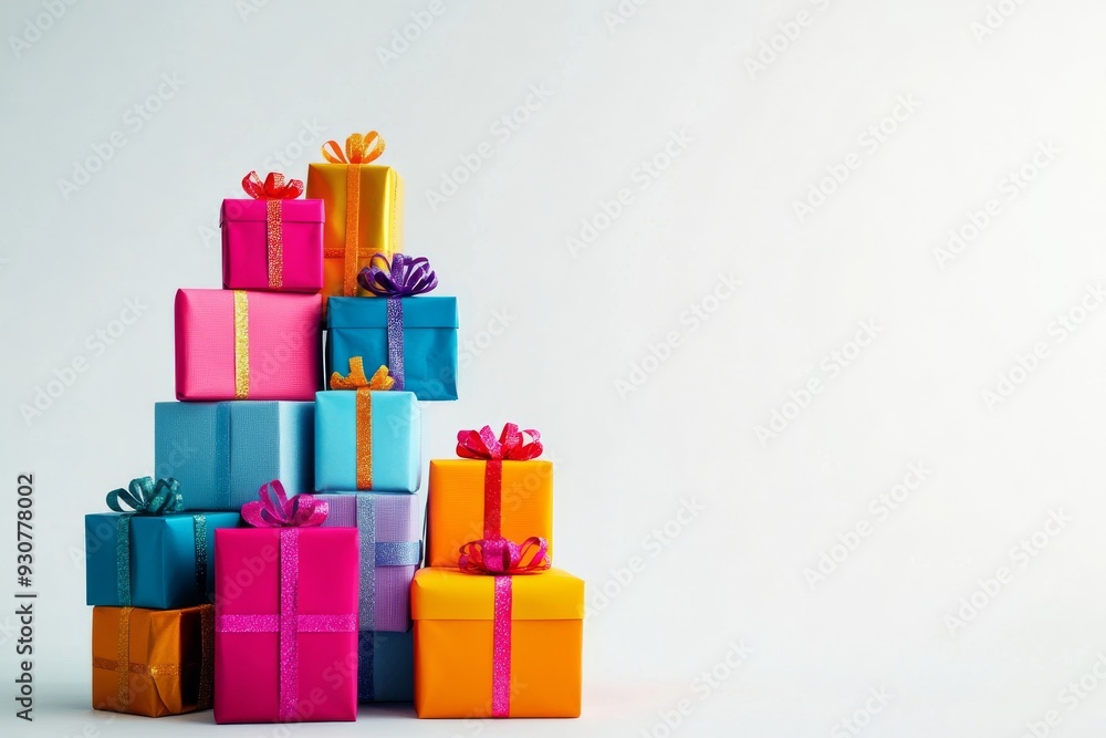 Poster a vibrant stack of gift boxes in various colors and sizes, each adorned with shiny ribbons, creating