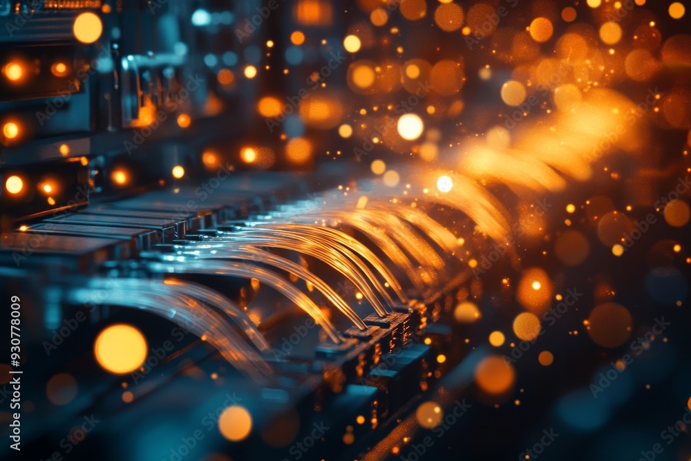 Poster glowing optical fibers intertwine with server hardware, illuminated by soft bokeh lights, showcasing