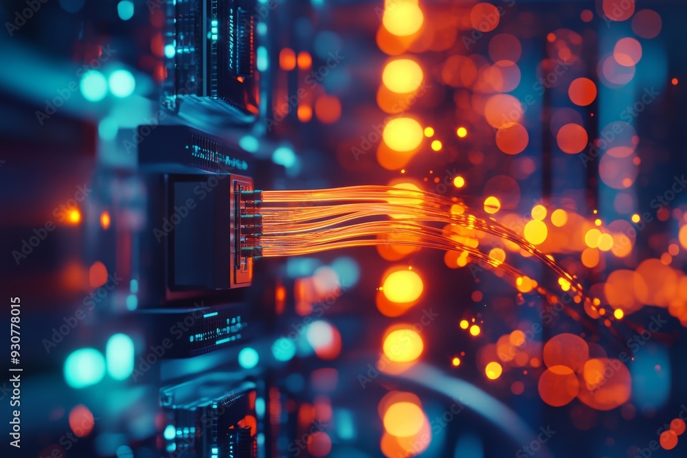 Poster glowing optical fibers intertwine with server hardware, creating a dynamic connection amidst vibrant