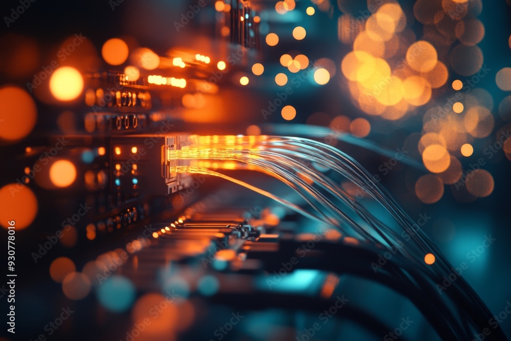 Poster glowing optical fibers intertwine within server hardware, surrounded by softly blurred bokeh lights 