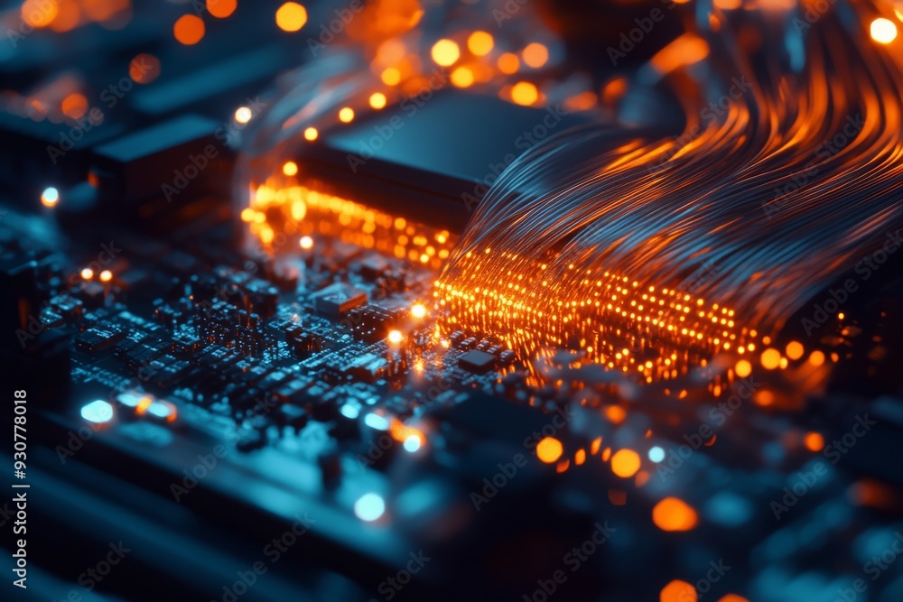 Poster glowing optical fibers intertwine with server hardware, creating a vibrant display of light and tech