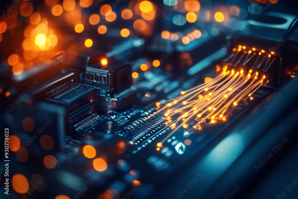 Poster optical fibers glow brightly as they intertwine within server hardware, surrounded by an array of bl