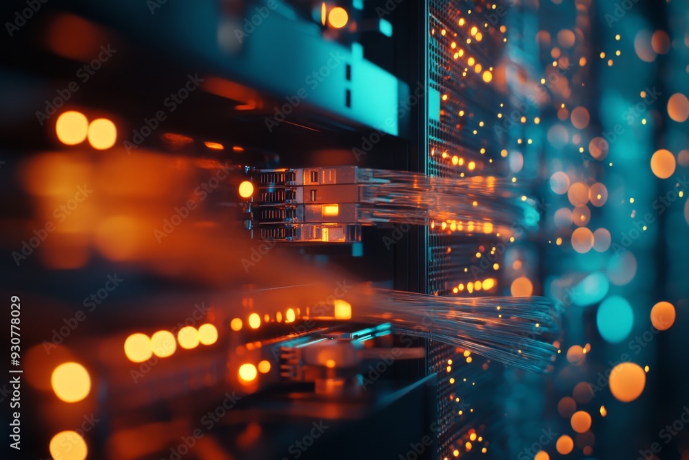 Poster a network of glowing optical fibers intertwines among server hardware, with soft bokeh lights creati