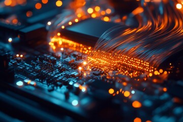 Fototapeta premium Glowing optical fibers intertwine with server hardware, creating a vibrant display of light and technology in a dynamic, high-tech setting