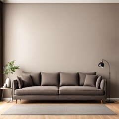 gray sofa in brown living room with copy room