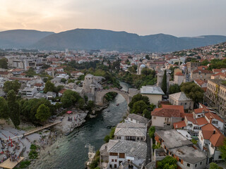 Obraz premium Bosnia and Herzegovina - Mostar city is the most popular tourist attraction with the famous old bridge with drone photo