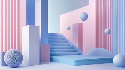 Obraz premium A colorful abstract scene featuring geometric shapes and stairs in soft pastel tones.