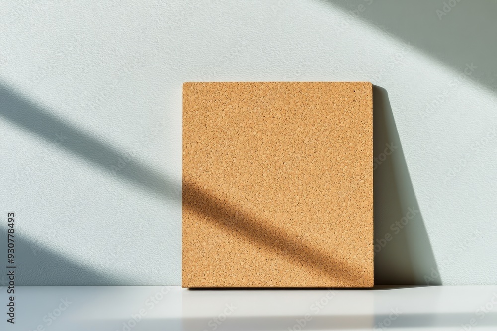 Poster a simple corkboard stands alone against a light gray wall, with shadows adding depth to the smooth s