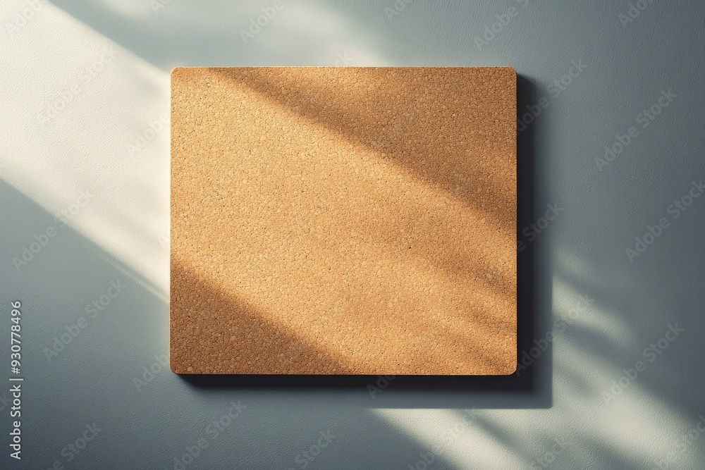 Poster a plain corkboard is centered against a light gray wall, with sunlight creating soft shadows across 