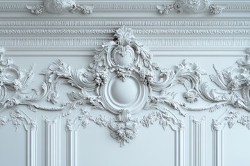 Luxurious white wall features intricate rococo-style bas-relief stucco mouldings showcasing detailed craftsmanship and artistic design