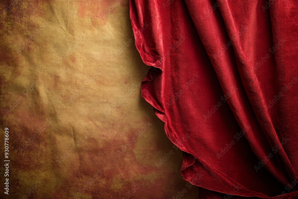 Poster a rich red velvet theatre curtain is subtly parted, creating a striking frame around a blank parchme