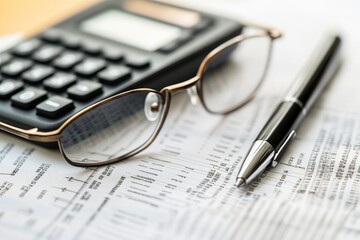 Eyeglasses rest on a financial report next to a calculator and pen, emphasizing intricate details in financial analysis and documentation