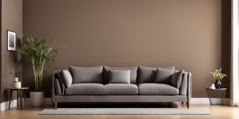 gray sofa in brown living room with copy room