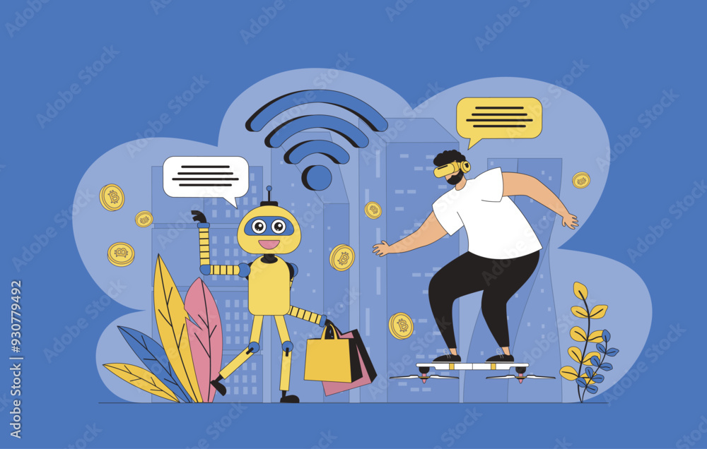Fototapete futuristic megalopolis concept with modern flat design for web. man using vr headset and flying dron