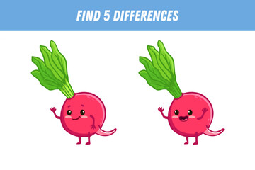 Find 5 differences between two pictures of cute radish. Cartoon radish with arms and legs. Educational logical game for children. Vector illustration