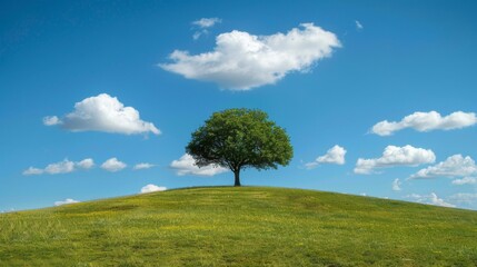 Lonely tree in a meadow with a blue sky