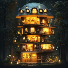 Magical Treehouse in the Forest at Night