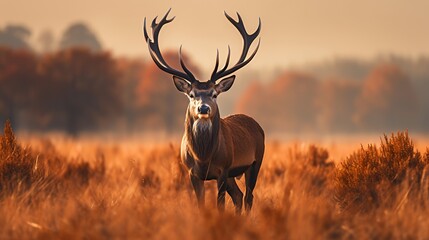 A majestic deer standing in a golden autumn landscape, showcasing nature's beauty.