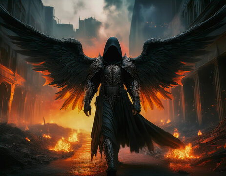 El &aacute;ngel de la guerra avanza por una calle destruida por armas