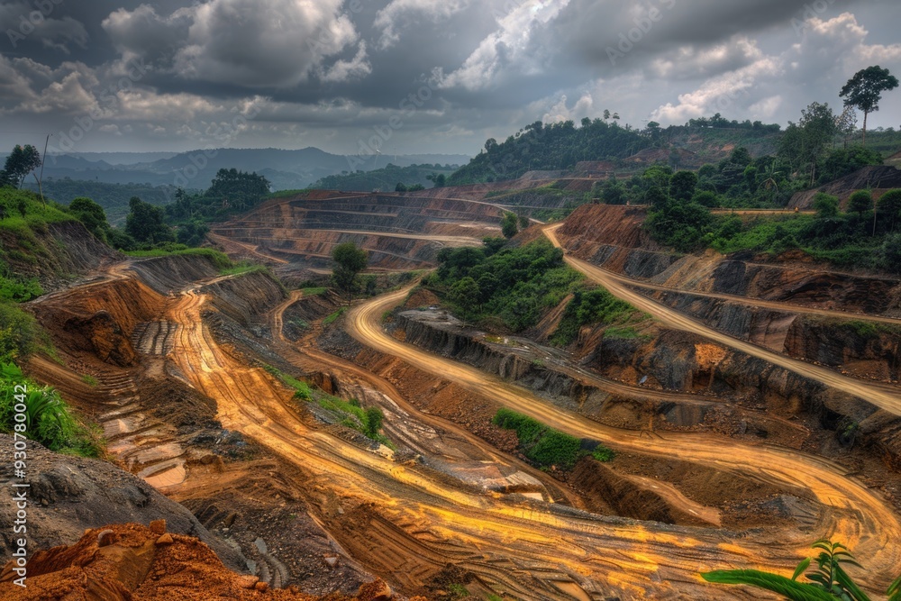 Poster a long dirt road runs through the middle of a large, deep open pit