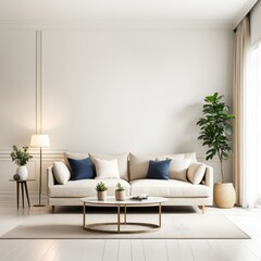 Beige sofa in the white living room with copy room