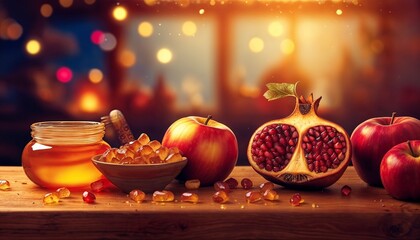 background illustration of jewish new year, with symbols - apples, pomegranate, pomegranate seeds, honey
