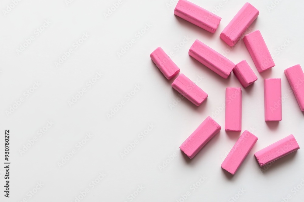 Poster pink erasers are neatly arranged on a white surface, creating an aesthetically pleasing layout that 
