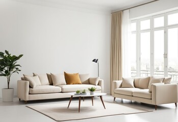 Beige sofa in the white living room with copy room