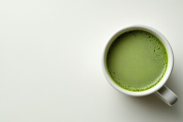 A smooth cup of vibrant matcha green tea rests atop a clean, white surface, inviting calm moments during a tranquil morning