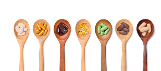 Assorted Dietary Supplements on Wooden Spoons

وصف: A high-quality image of seven wooden spoons...