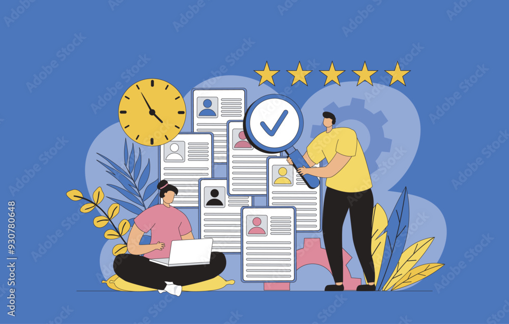 Aufkleber hr process concept with modern flat design for web. woman and man choosing resume of best candidate 